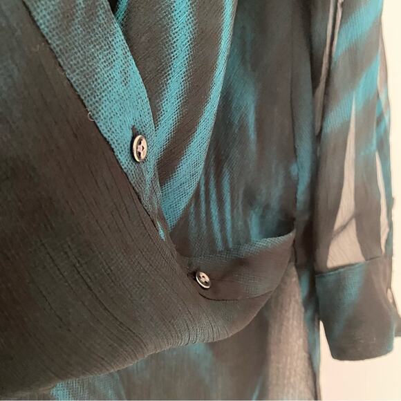 Halston Heritage Green Black Sheer Blouse Mock Wrap Drape Top size 14 - Picture 7 of 7